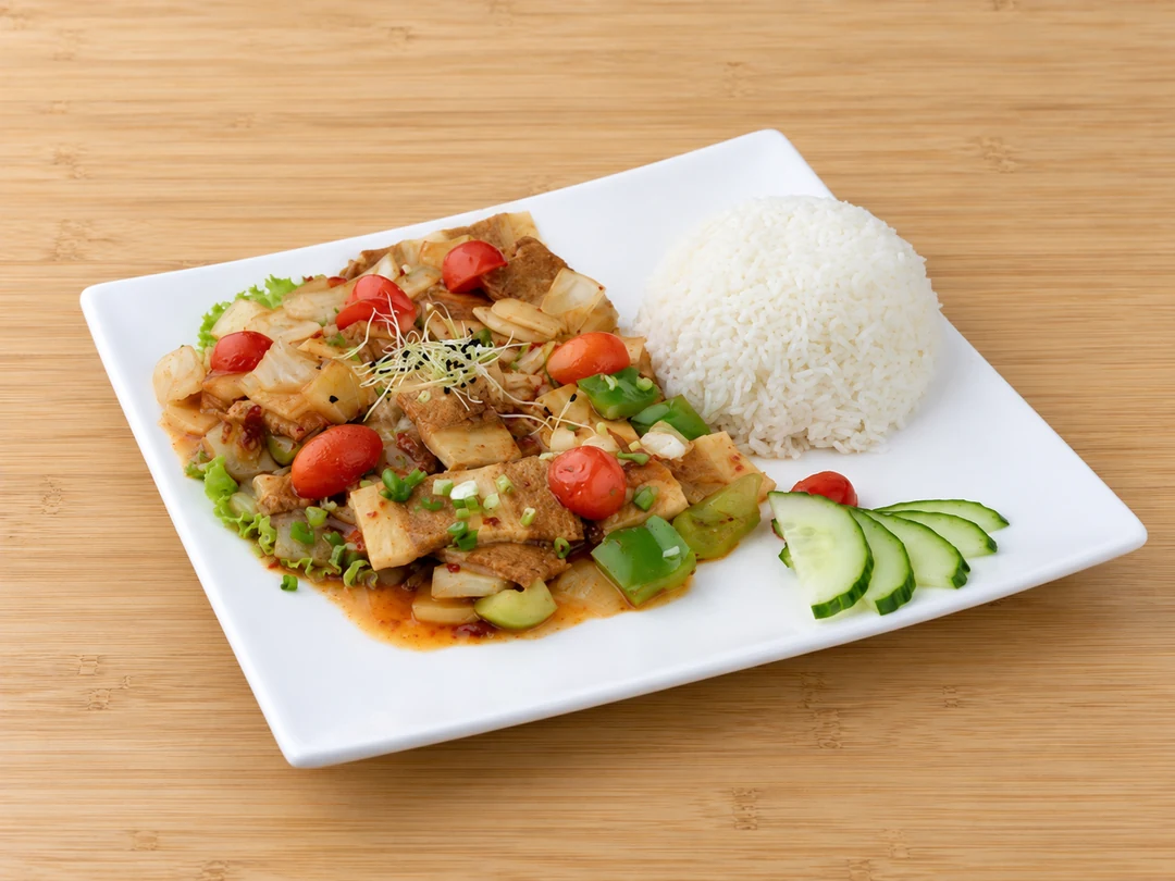 V2. « Porc » vegan sauce piquante