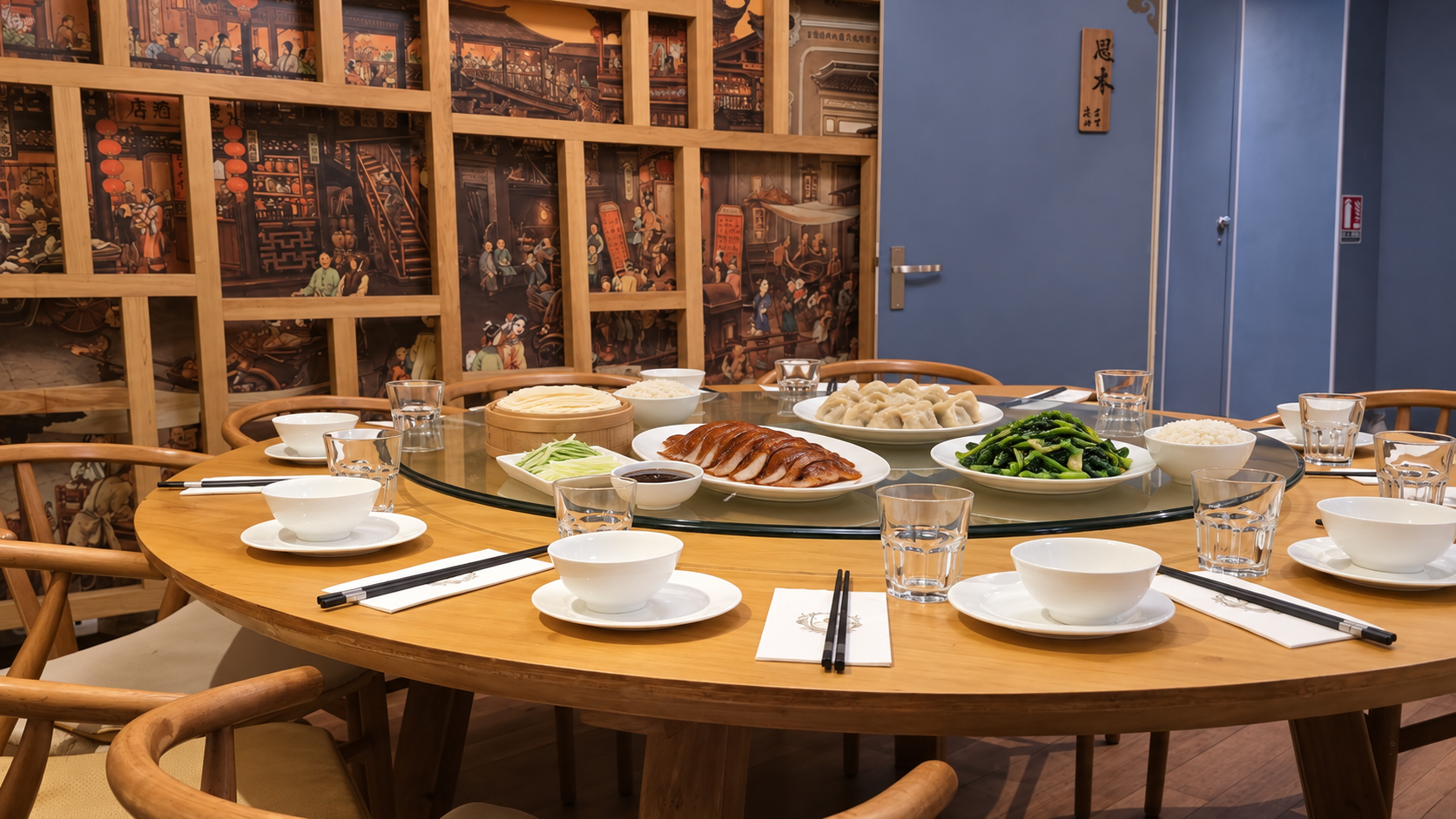 La petite salle de BAYAN Rivoli : une table ronde en bois clair, des plats à partager, une porte bleu-gris et des scènes de rue anciennes derrière un treillis de bois.