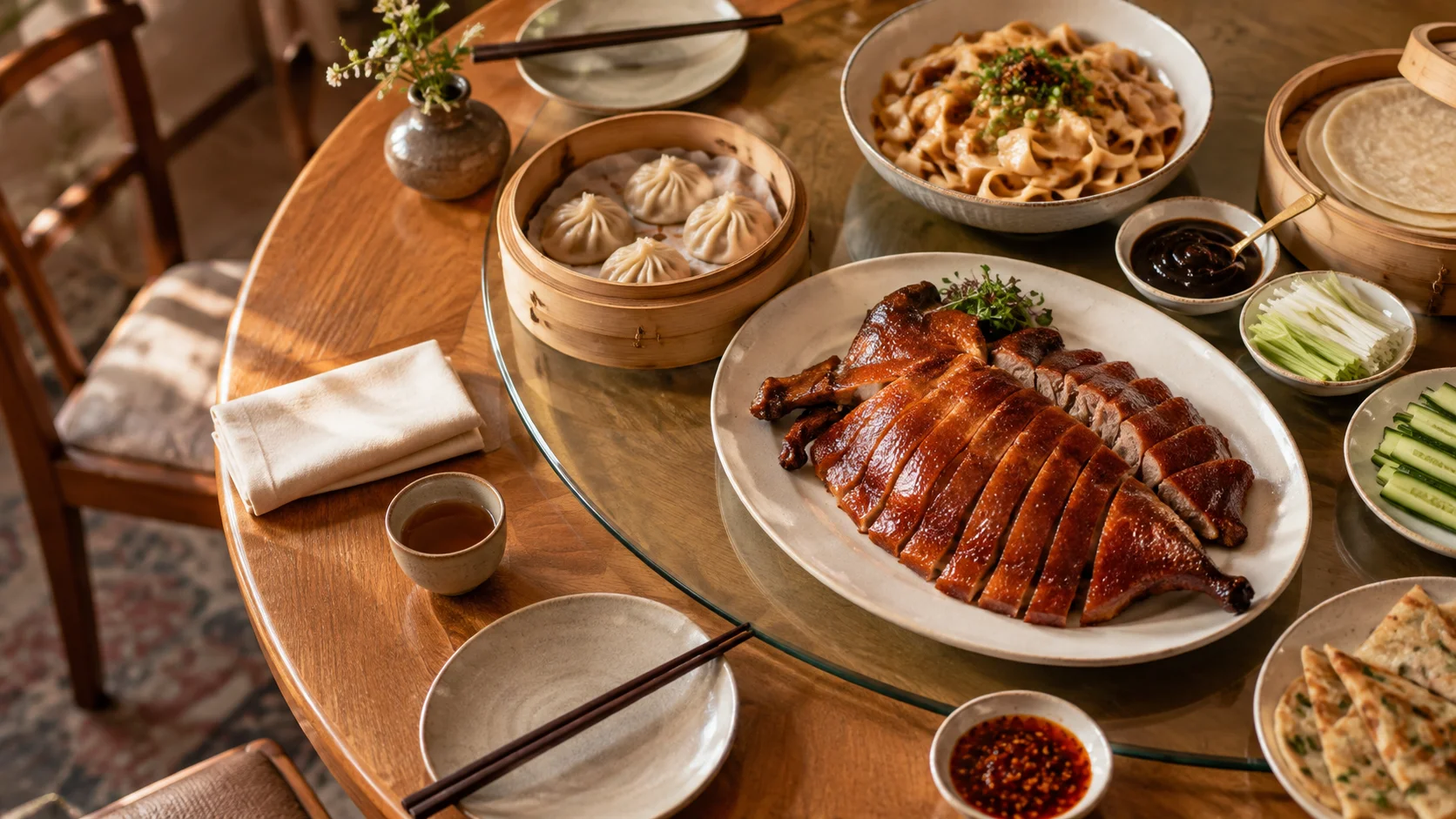 Table ronde en bois dressée : canard laqué, raviolis vapeur, nouilles, crêpes et condiments