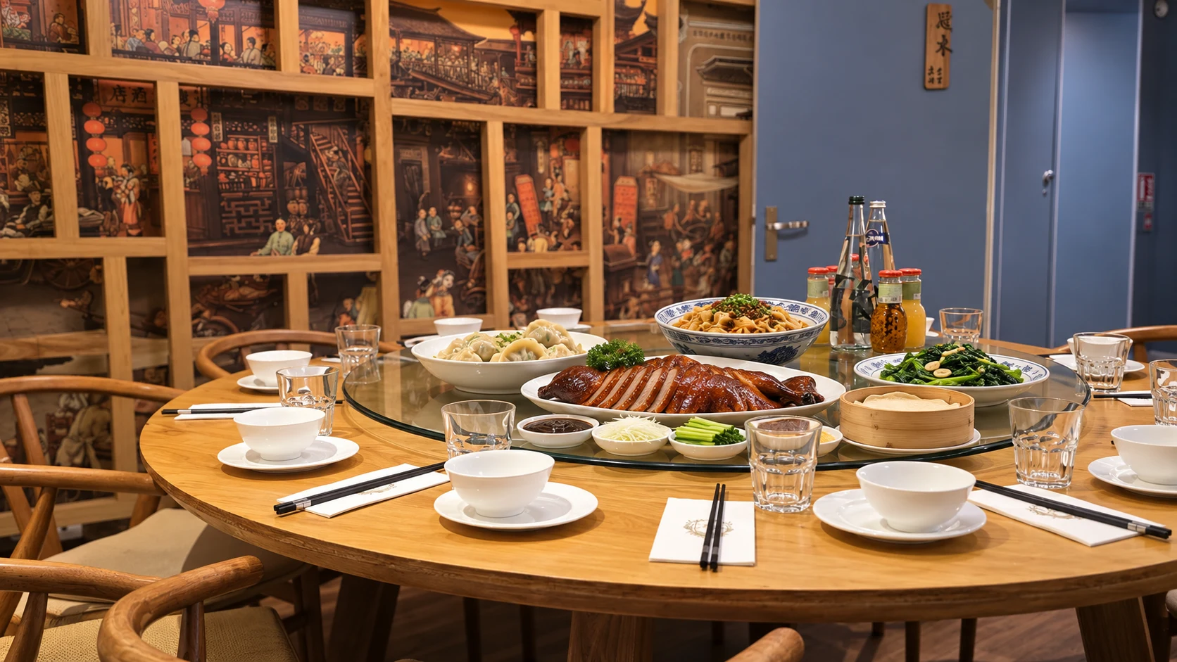Petite salle avec table ronde à plateau tournant et panneaux peints de scènes de rue anciennes